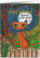 Happy Birthday, Little Sister, Cat, Blue Tit Bird and Moon card