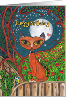 Happy Birthday, Cat, Blue Tit Bird and Moon card