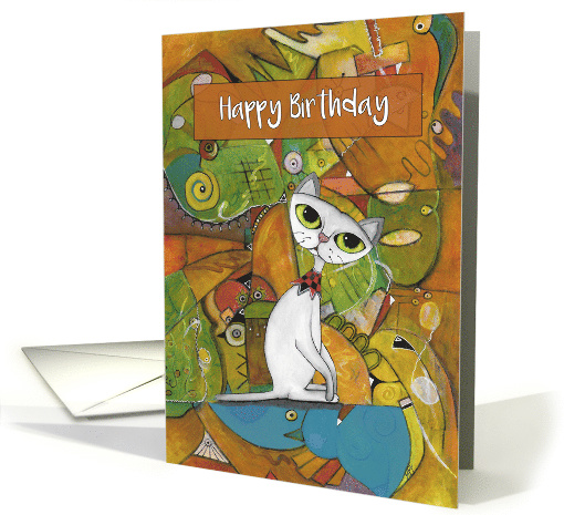 Happy Birthday, White Cat, Abstract Art card (1588100)