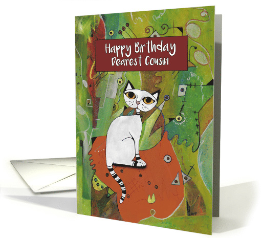 Happy Birthday, Dearest Cousin, White Cat on a Mat, Abstract Art card