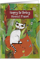 Happy Birthday, Dearest Friend, White Cat on a Mat, Abstract Art card