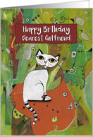 Happy Birthday, Dearest Girlfriend, White Cat on a Mat, Abstract Art card