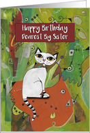Happy Birthday, Dearest Big Sister, White Cat on a Mat, Abstract Art card