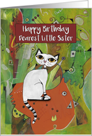 Happy Birthday, Dearest Little Sister, White Cat on a Mat, Abstract card