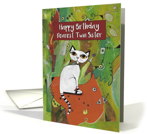 Happy Birthday, Dearest Twin Sister, White Cat on a Mat, Abstract card