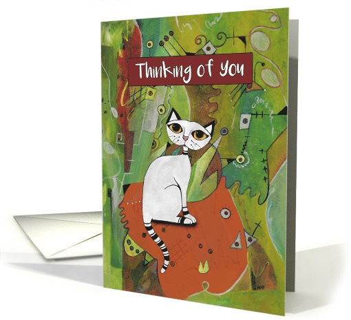 Thinking of You, White Cat on a Mat, Abstract card (1589070)
