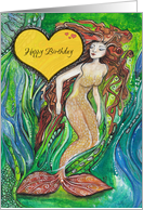 Happy Birthday, Mermaid and Blue Fish, card