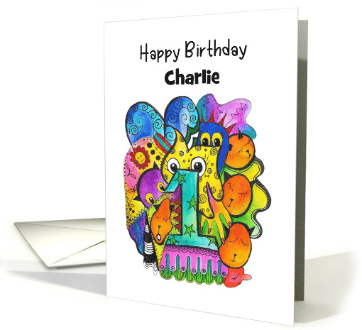 Happy First Birthday Cute Doodle Custom Name Children's Birthday card