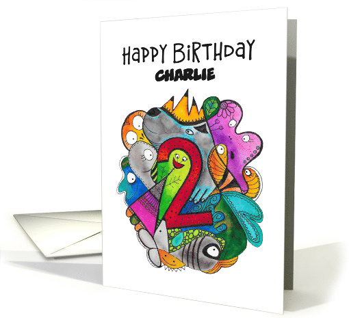 Happy Second Birthday Custom Name Cute Doodle Children's Birthday card