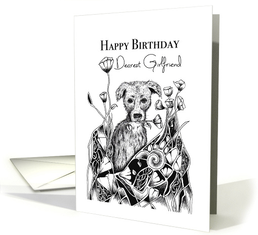 Happy Birthday Dearest Girlfriend Little Dog with Flowers card