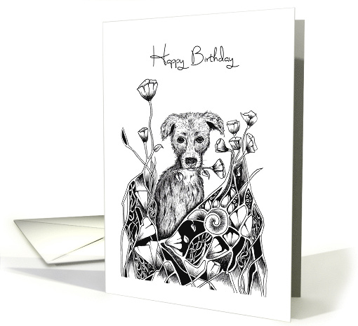 Happy Birthday Little Dog with Flowers card (1658398)