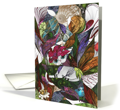 Blank Cat and Leaves Abstract Fractal Digital Collage card (1662718)
