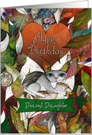 Happy Birthday Dearest Daughter Grey and White Cat with Leaves card