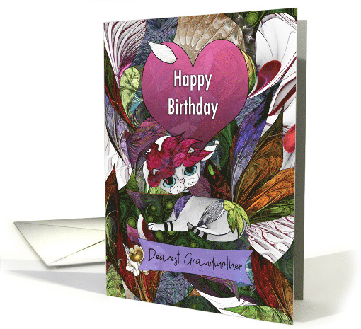 Happy Birthday Dearest Grandmother White Cat with Flowers and Hat card