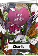 Happy Birthday Custom Name Charlie White Cat with Flowers and Hat card