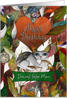 Happy Birthday Dearest Foster Mom Grey and White Cat with Leaves card