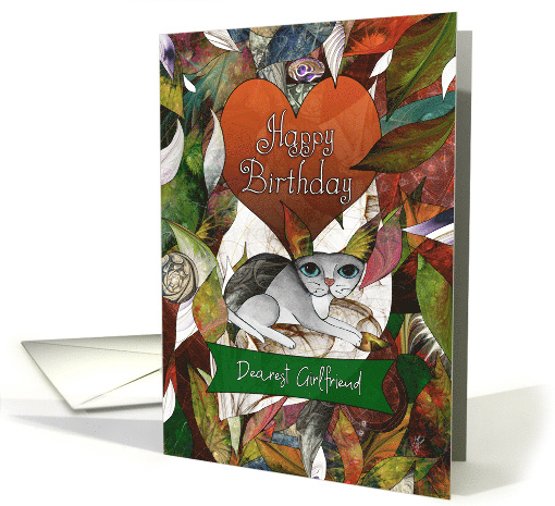 Happy Birthday Dearest Girlfriend Grey and White Cat with Leaves card