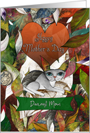 Happy Mother’s Day Dearest Mom Grey and White Cat with Leaves card