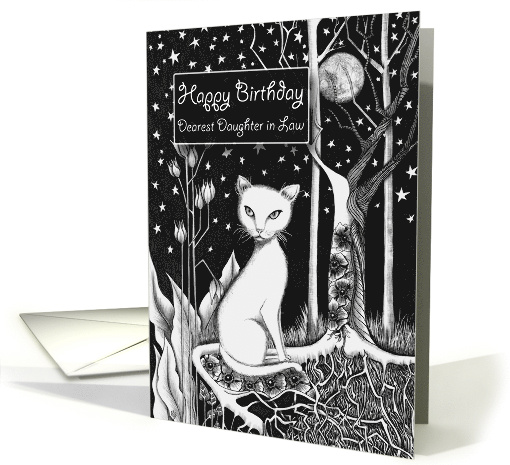 Happy Birthday Dearest Daughter in Law White Cat Flowers and Moon card
