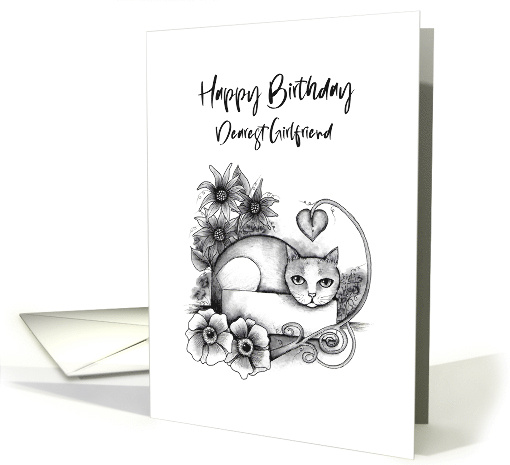 Happy Birthday Dearest Girlfriend Tabby Cat in a Box and Flowers card