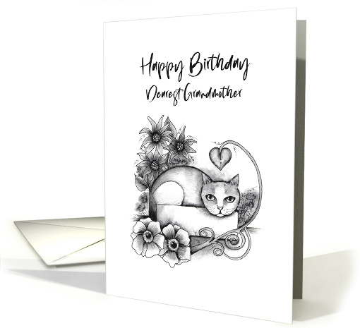Happy Birthday Dearest Grandmother Tabby Cat in a Box and Flowers card