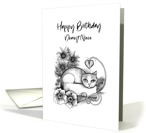 Happy Birthday Dearest Niece Tabby Cat in a Box and Flowers card