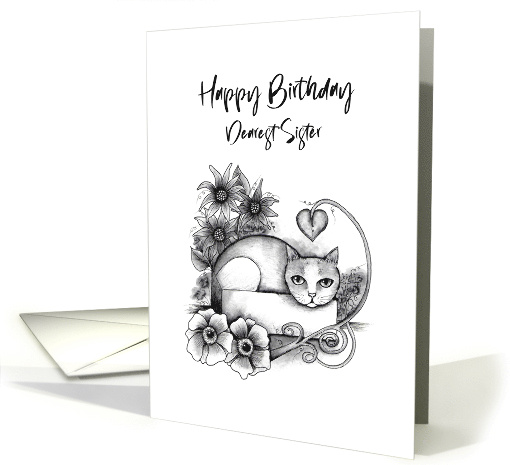 Happy Birthday Dearest Sister Tabby Cat in a Box and Flowers card
