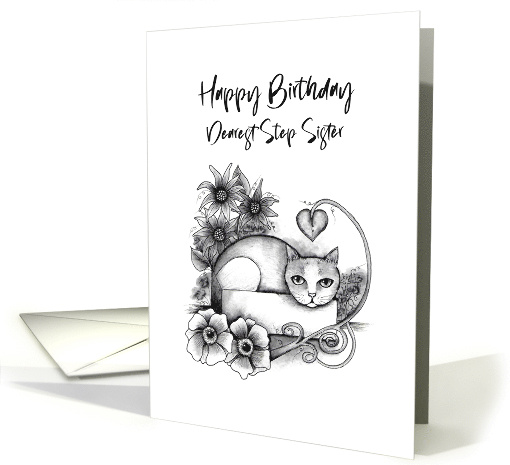 Happy Birthday Dearest Step Sister Tabby Cat in a Box and Flowers card