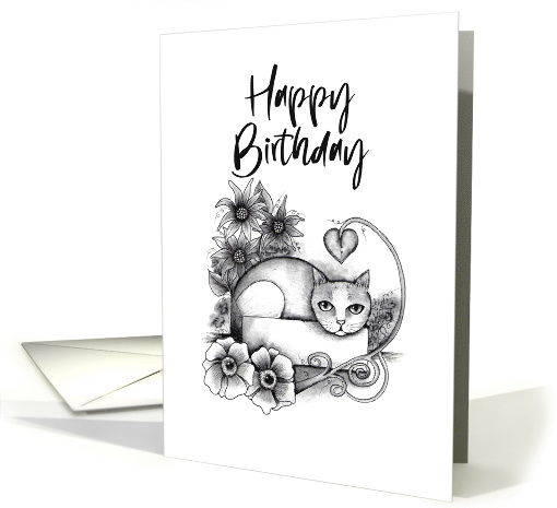 Happy Birthday Tabby Cat in a Box and Flowers card (1731960)