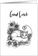 Good Luck Tabby Cat in a Box and Flowers card