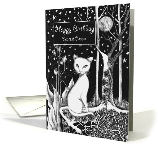 Happy Birthday Dearest Cousin White Cat Flowers and Moon card