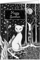 Happy Samhain White Cat Flowers and Moon card