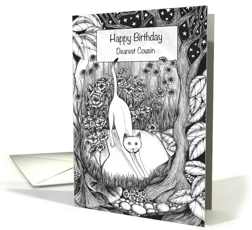 Happy Birthday Dearest Cousin White Cat in a Flower Garden card