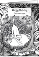 Happy Birthday Dearest Cousin White Cat in a Flower Garden card