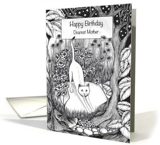Happy Birthday Dearest Mother White Cat in a Flower Garden card