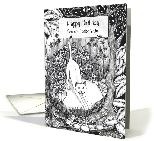 Happy Birthday Dearest Foster Sister White Cat in a Flower Garden card