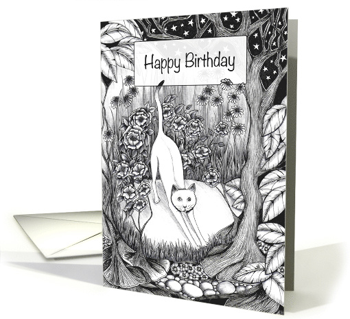 Happy Birthday White Cat in a Flower Garden card (1733380)