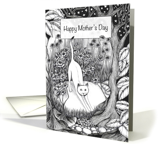 Happy Mother's Day White Cat in a Flower Garden card (1733386)