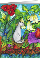 Blank card White Cat sitting with Colourful Flowers card