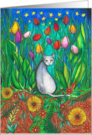 Blank card Grey Cat sitting with Colourful Tulips at Night card