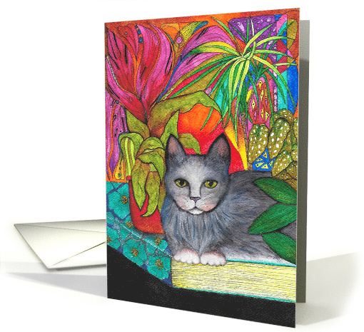 Blank card Grey Cat sitting on a book with bright... (1733394)