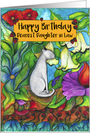 Happy Birthday Dearest Daughter in Law White Cat sitting with flowers card