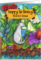 Happy Birthday Dearest Cousin White Cat sitting with flowers card