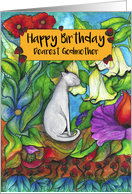 Happy Birthday Dearest Godmother White Cat sitting with flowers card