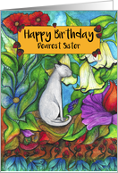 Happy Birthday Dearest Sister White Cat sitting with flowers card