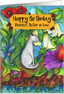 Happy Birthday Dearest Sister in Law White Cat sitting with flowers card
