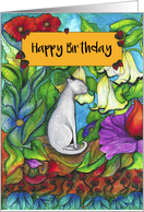 Happy Birthday White Cat sitting with flowers card