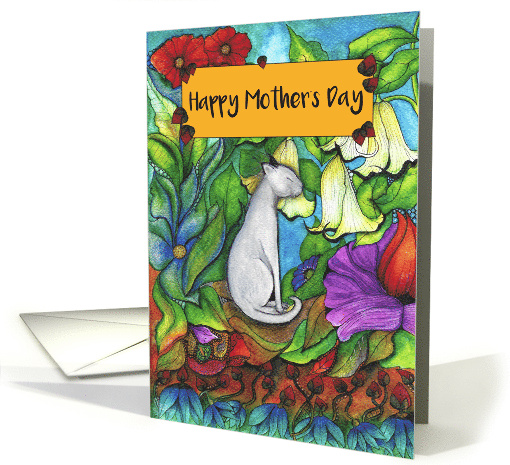 Happy Mother's Day White Cat sitting with flowers card (1733958)