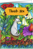 Thank You White Cat sitting with flowers card