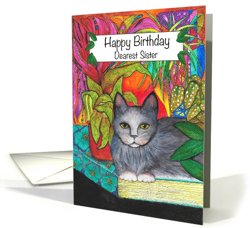 Happy Birthday Dearest Sister Grey Cat sitting on a book card
